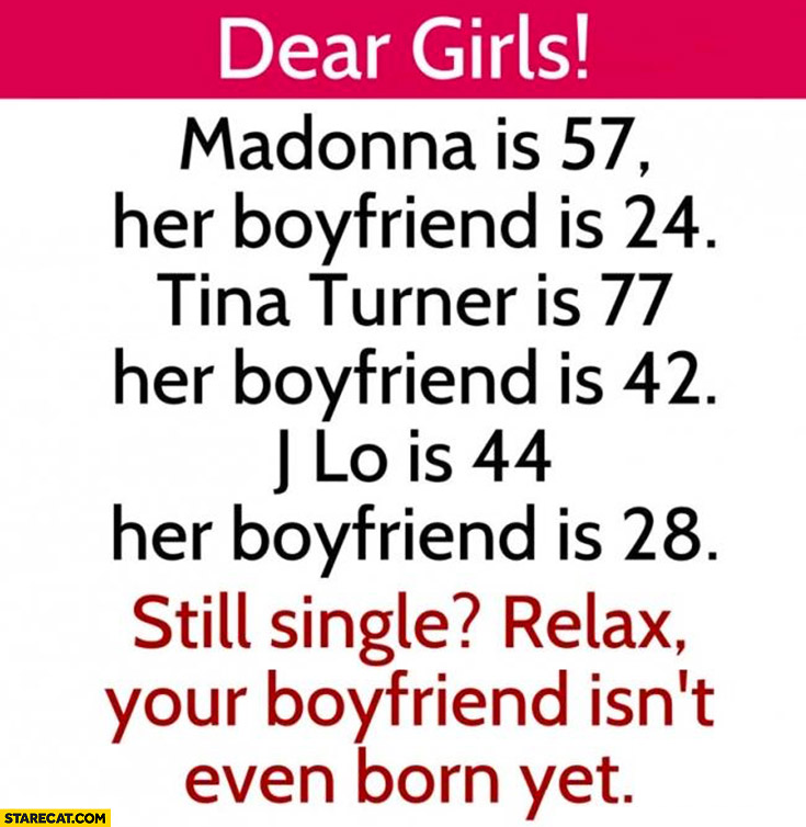 Dear girls Madonna is 57 her boyfriend 24, Tina Turner is 77 her boyfriend 42, J.LO is 44 her boyfriend 28. Still single? Relax your boyfriend isn’t even born yet