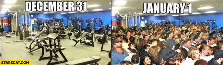 December 31 empty gym, January 1 full of people