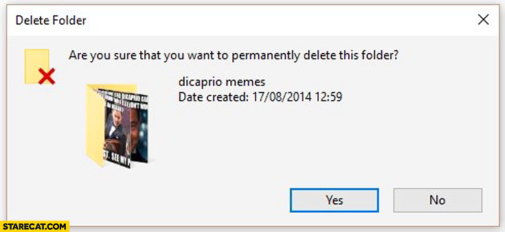 Delete folder DiCaprio memes – Are you sure that you want to delete? dialog box