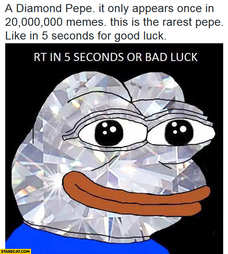 Diamond Pepe it only appears once in 20 million memes this is the rarest Pepe like in 5 seconds for good luck sad frog
