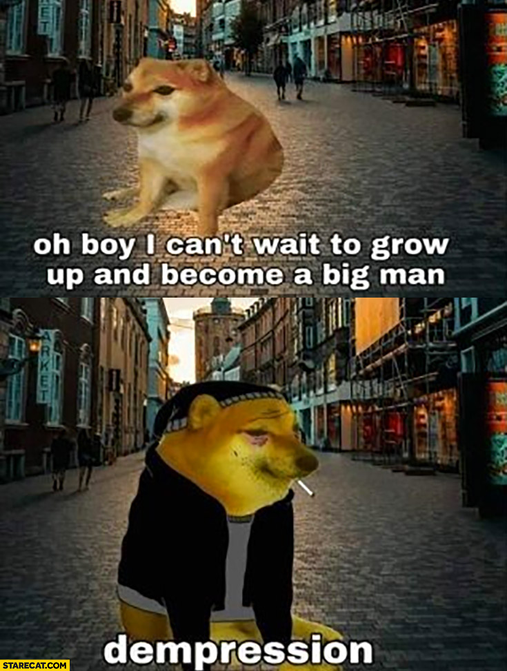 Dog doge oh boy I can’t wait to grow up and become a big man then depression