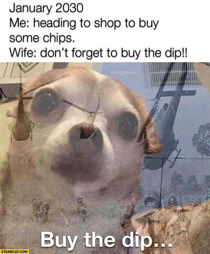 Dog january 2030 me heading to shop to buy some chips wife don’t forget to buy the dip me war memories