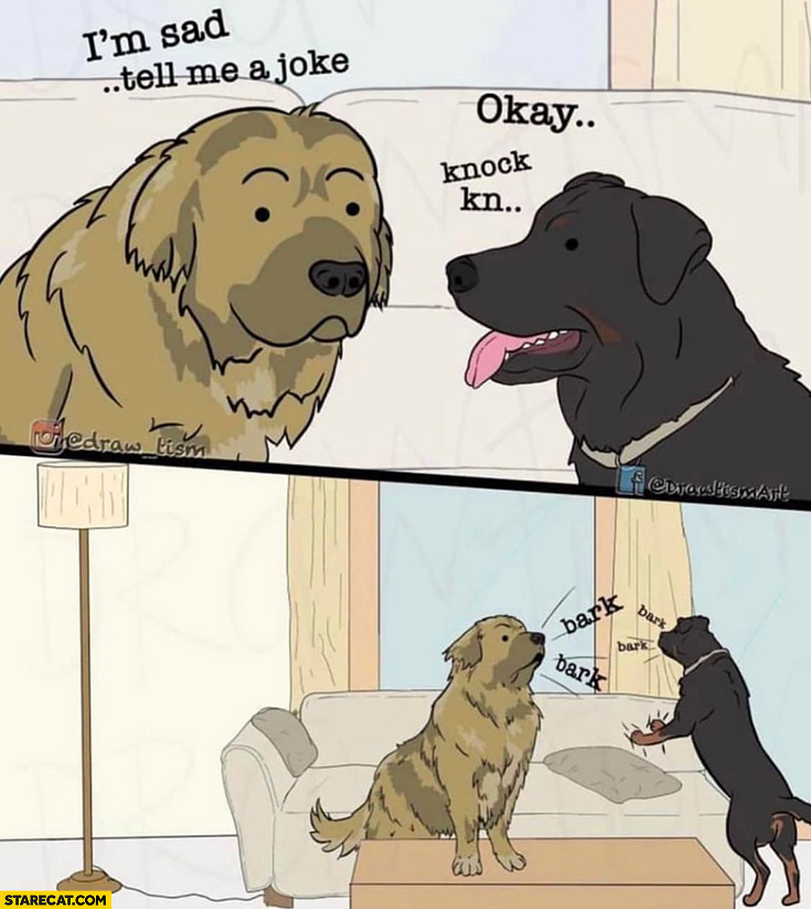 Dogs I’m sad tell me a joke, okay: knock knock, they start barking