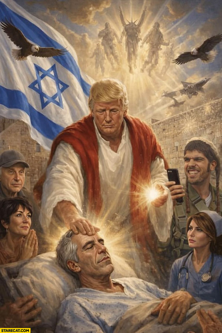 Donald Trump as Jesus healing Epstein