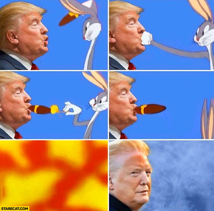 Donald Trump cartoon smoking explosive cigar orange face after blast explosion comic