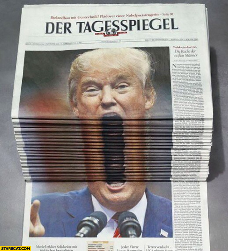 Donald Trump huge mouth der tagesspiegel cover stack of newspapers
