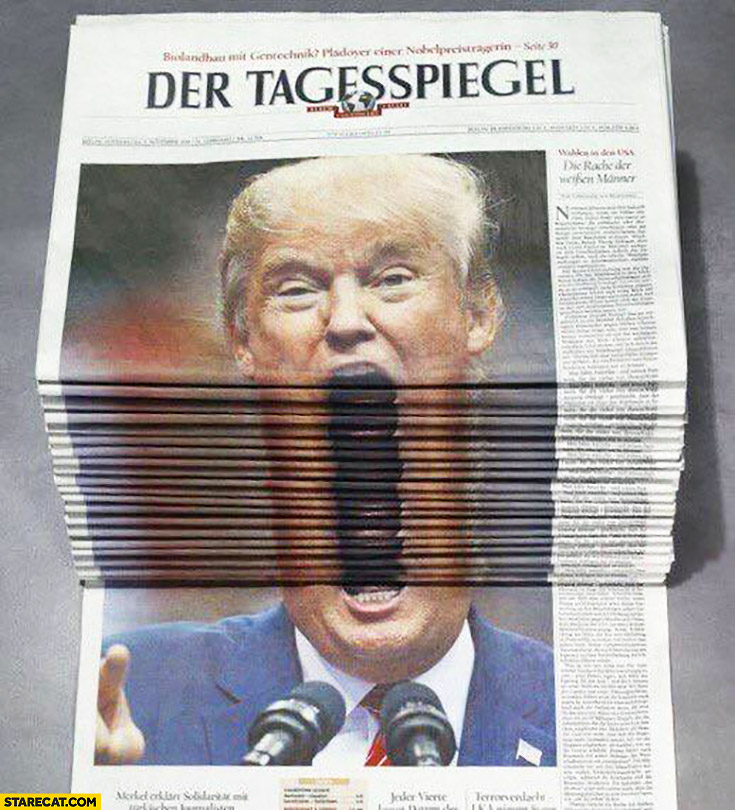 Donald Trump huge mouth like centipede stack of newspapers Der Tagesspiel