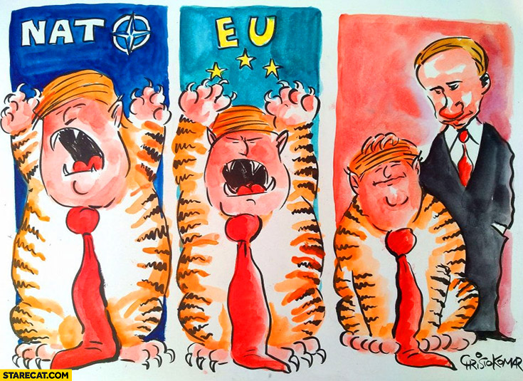 Donald Trump screaming roaring at NATO EU polite adorable when with Putin