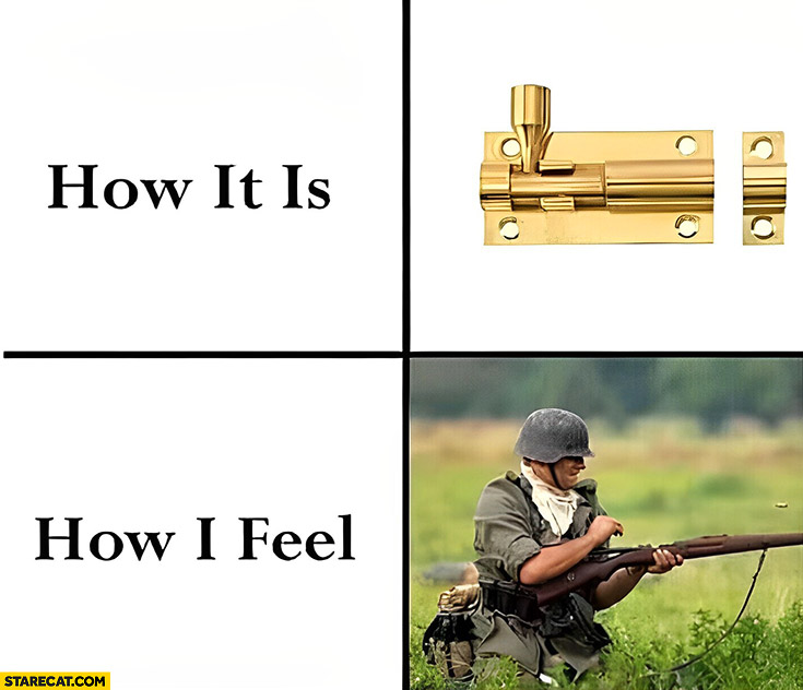 Door lock how it is vs how I feel like a soldier shooting a rifle