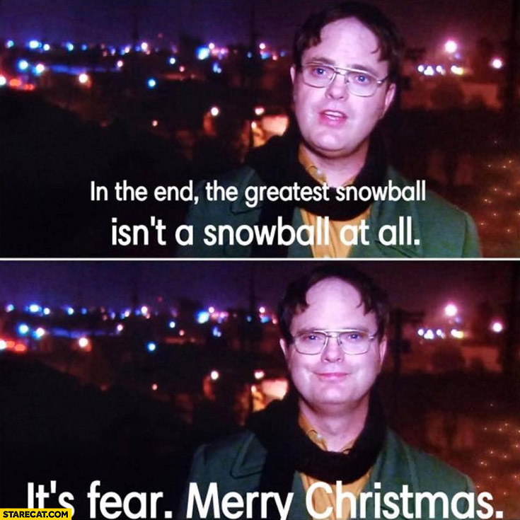 Dwight Schrute in the end the greatest snowball isn’t a snowball at all it’s fear, merry christmas the office