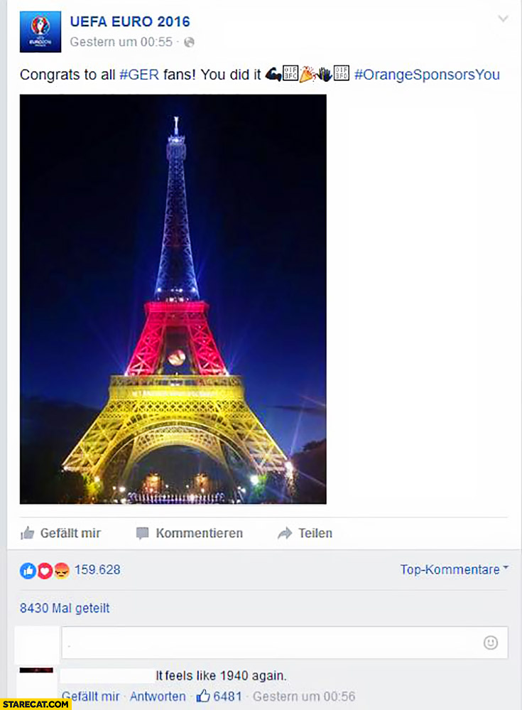 Eiffel Tower Germany flag it feels like 1940 again facebook comment