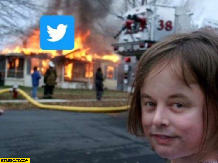 Elon Musk girl watching twitter on fire burning