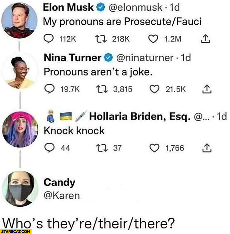 Elon Musk my pronouns are Prosecute/Fauci, knock knock, who’s they’re/their/there?