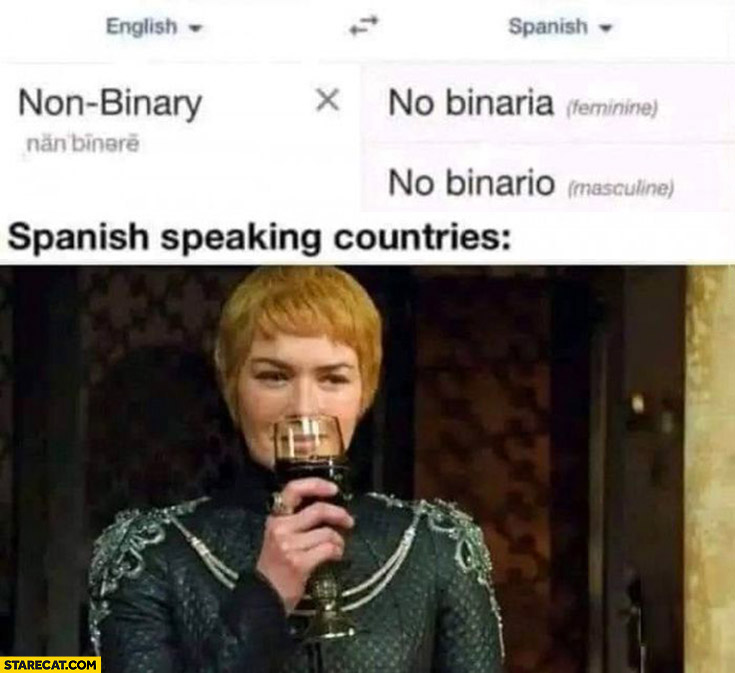 English non-binary, Spanish: no binaria feminine vs no binario masculine