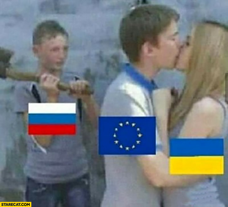 European Union and Ukraine kissing, Russia attacking them with axe kids