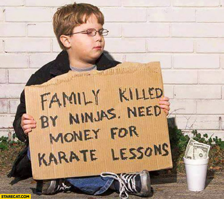 Family killed by ninjas need money for karate lessons. Kid beggar creative sign