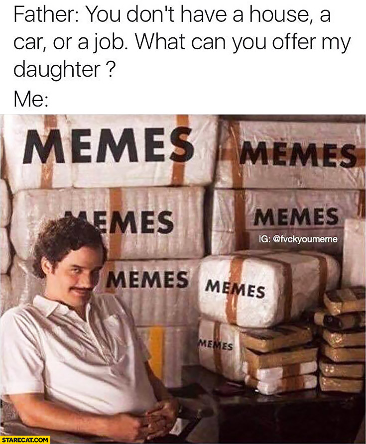 Father: you don’t have a house, a car, or a job. What can you offer my daughter? Me: bags of memes