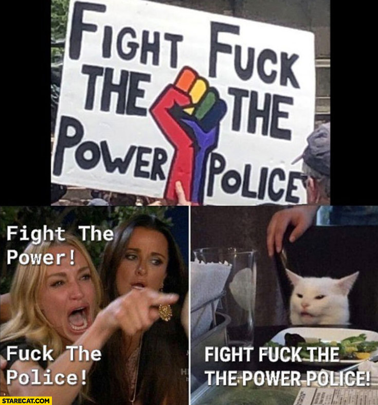 Fight fck the the power police sign confused cat meme