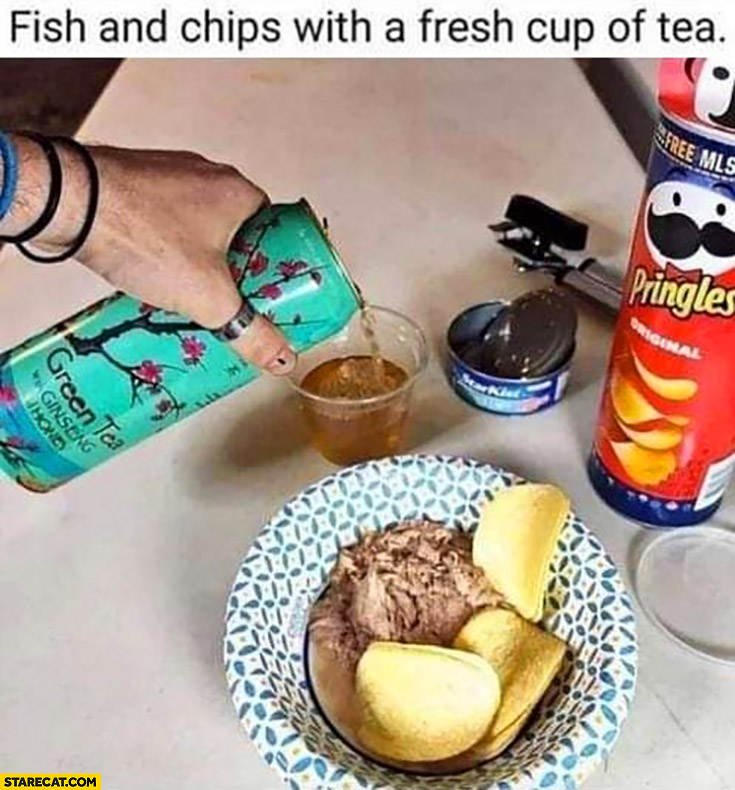 Fish and chips with a fresh cup of tea all packaged products