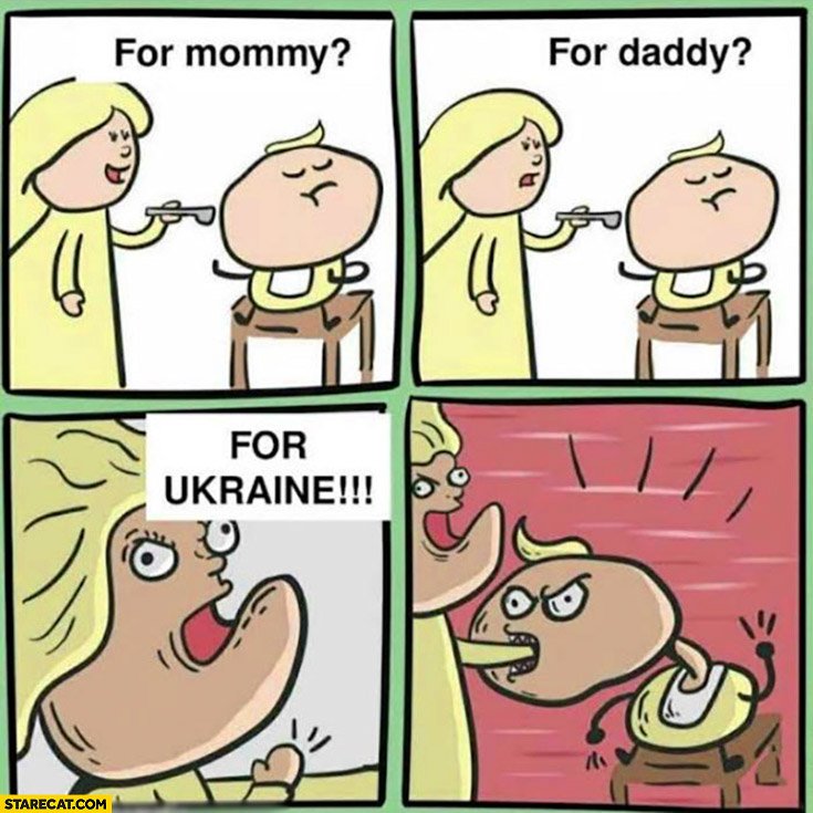 For mommy, for daddy, for Ukraine kid eats comic