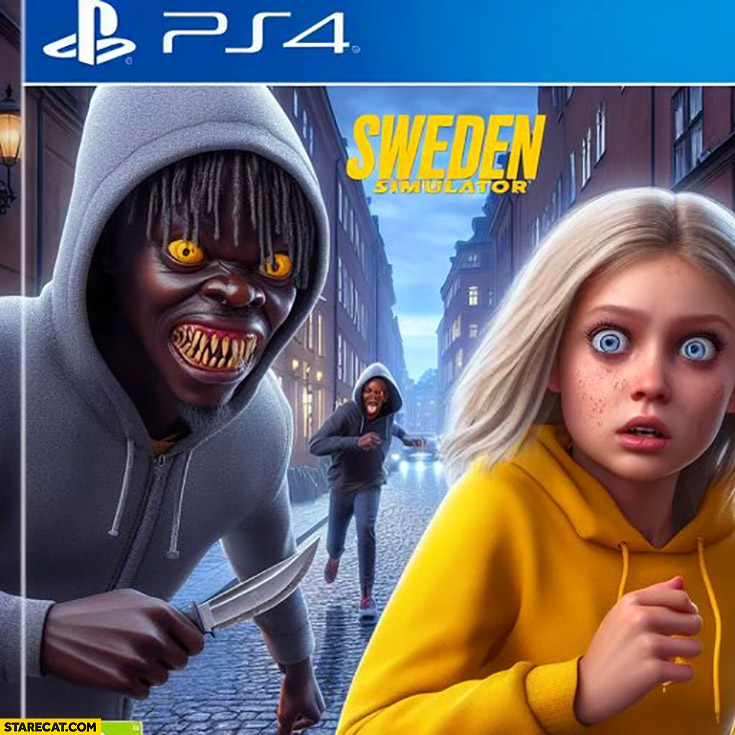 Game Sweden simulator AI created cover black man immigrant with knife