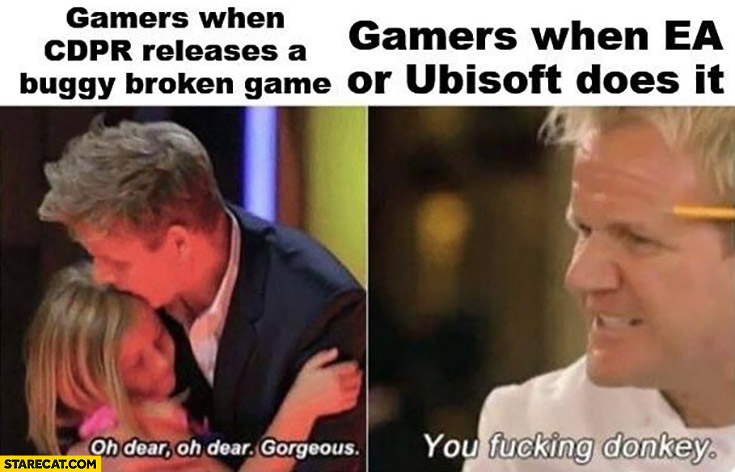 Gamers when CD Projekt releases bugged broken game oh dear gorgeous vs when EA or Ubisoft does you donkey Gordon Ramsay