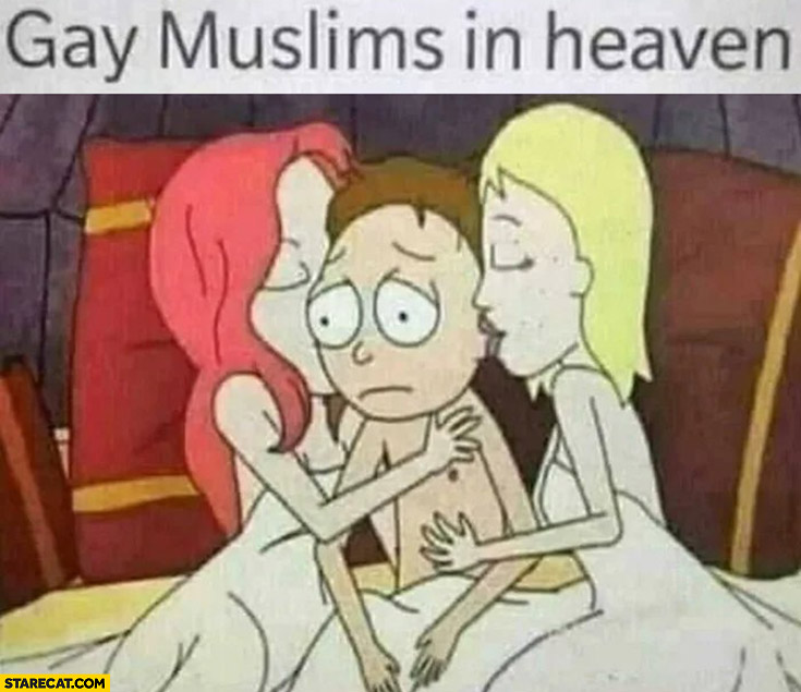 Gay muslims in heaven sad in bed with two women