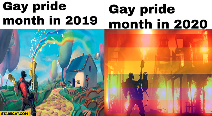 Gay pride month in 2019 vs 2020 comparison rainbow vs flamethrower