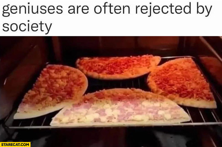 Geniuses are often rejected by society fitted 2 pizzas in the oven by cutting them in half