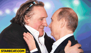 Gerard Depardieu kissing touching nose Vladimir Putin gif animation