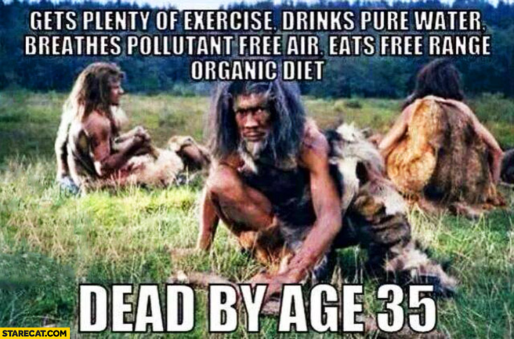 Gets plenty of exercise drinks pure water breathes free air eats organic diet dead by age 35 ancient human