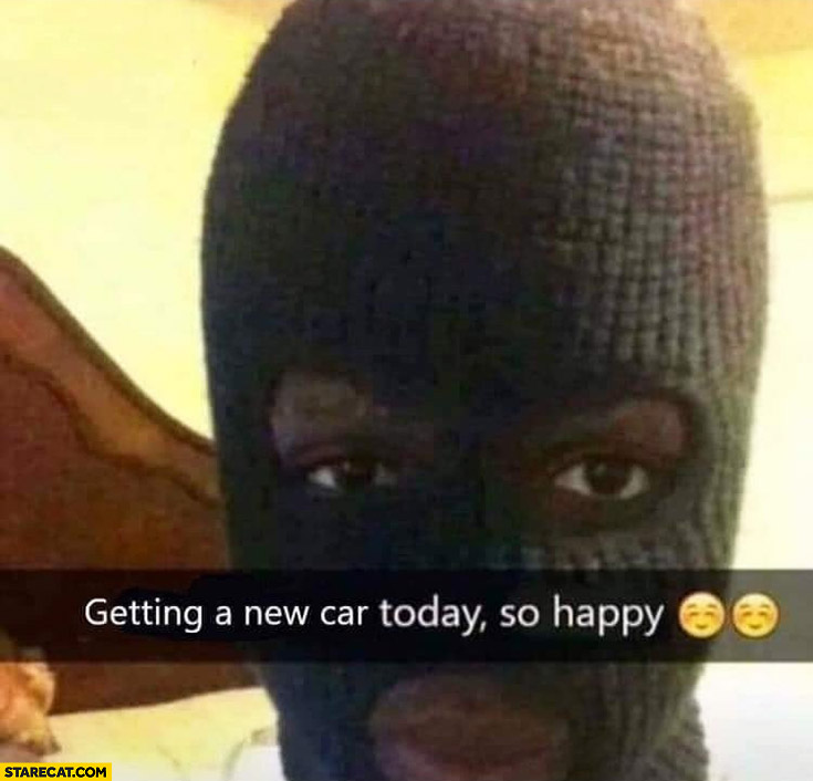 Getting a new car today so happy black man wearing balaclava