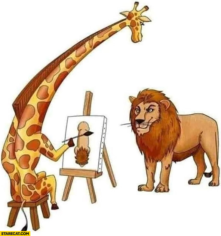Giraffe painting a lion from above looking like a dick
