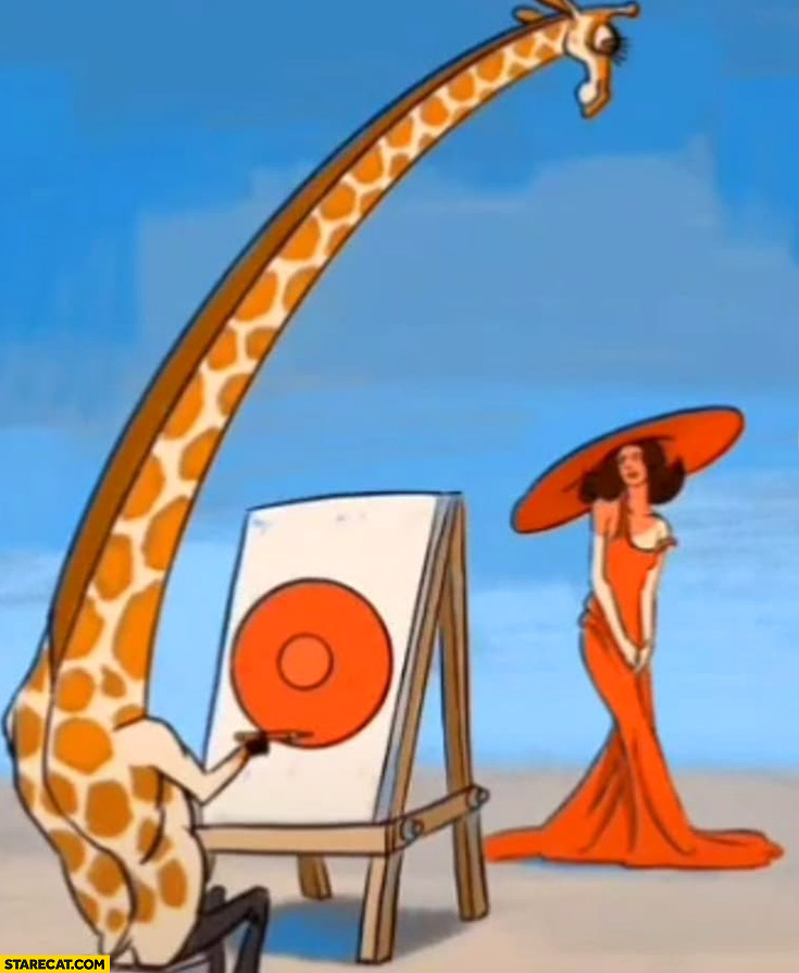 Giraffe painting a woman from above only can see her hat