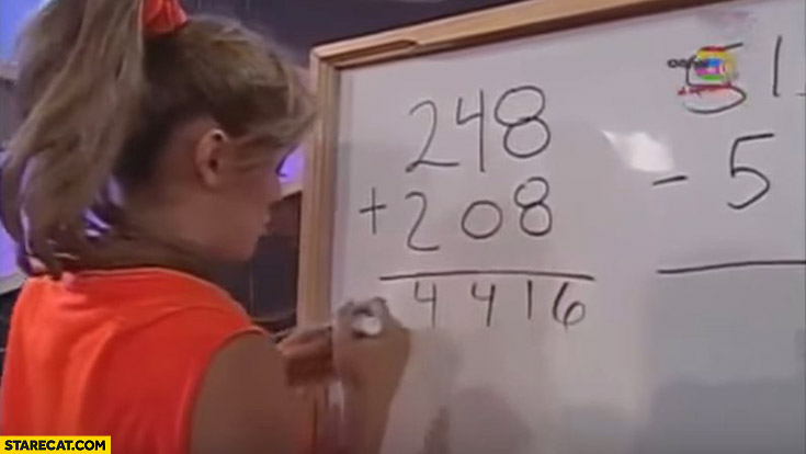 Girl at whiteboard adding meme math mathematics wrong numbers
