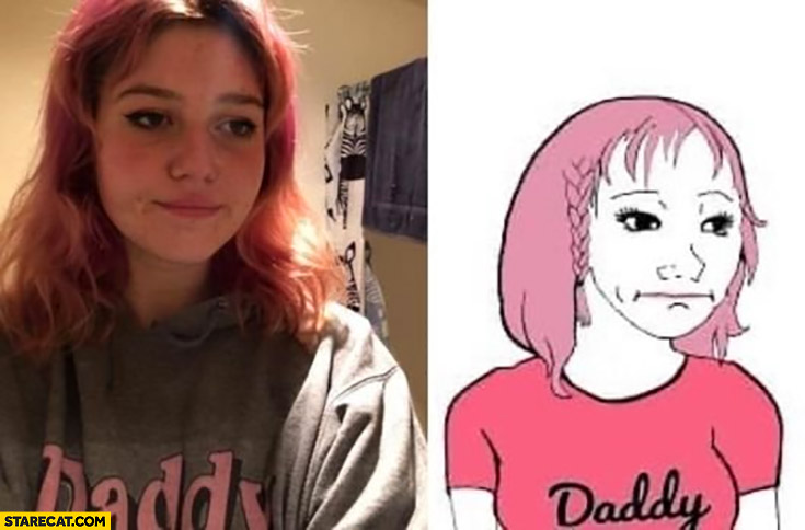 Girl in daddy hoodie sweatshirt real life vs illustration drawing