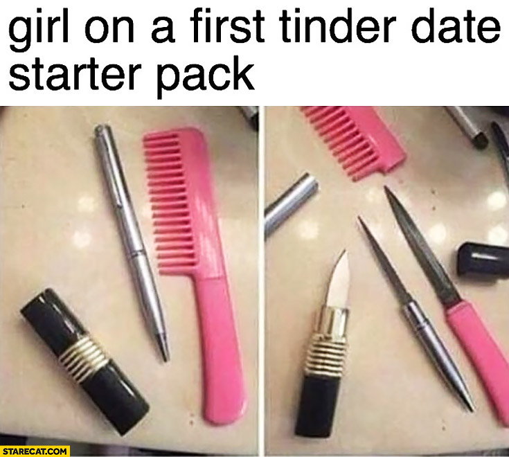 Girl on a first tinder date starting pack: knife hidden in a pencil, comb & lipstick