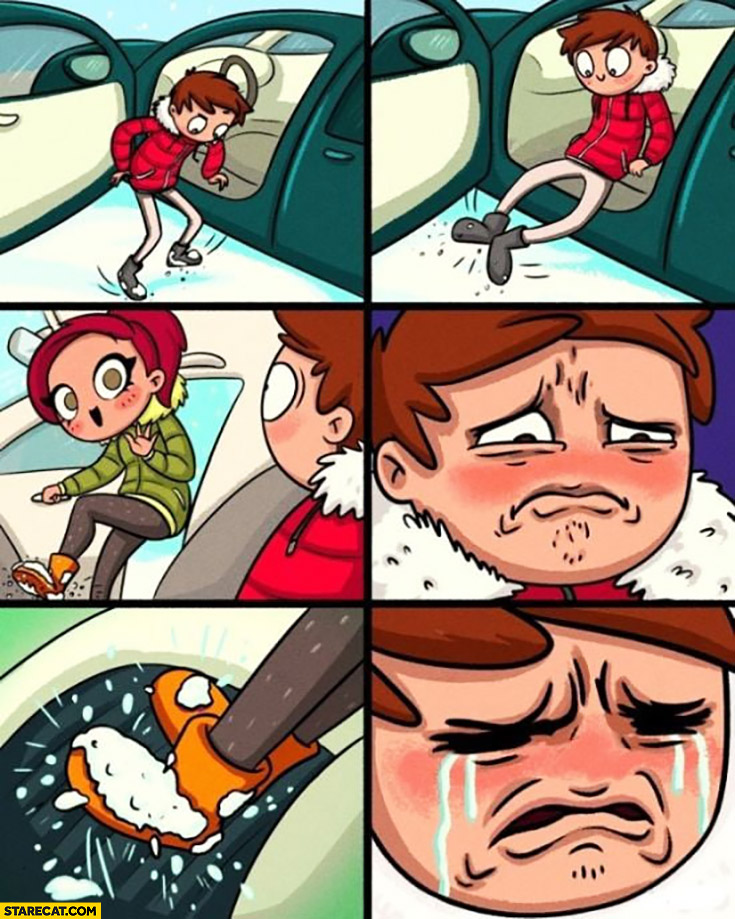 Girlfriend entering car in snow dirty shoes comic