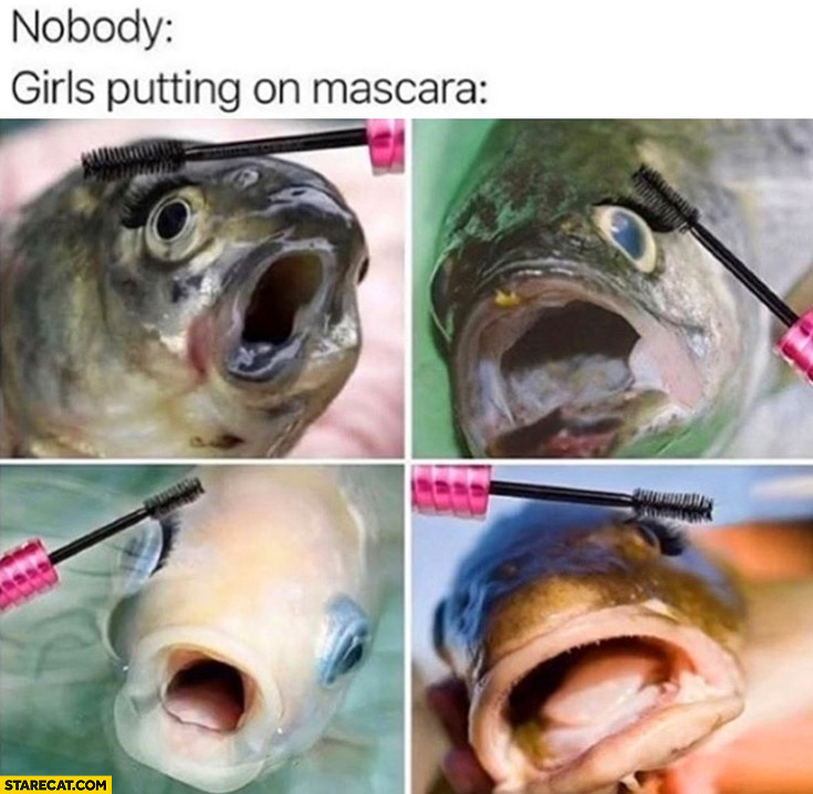 Girls putting on mascara fish with mouth wide open ...