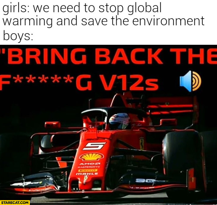 Girls: we need to stop global warming and save the environment, boys: bring back the fcking V12s Vettel Formula 1 quote