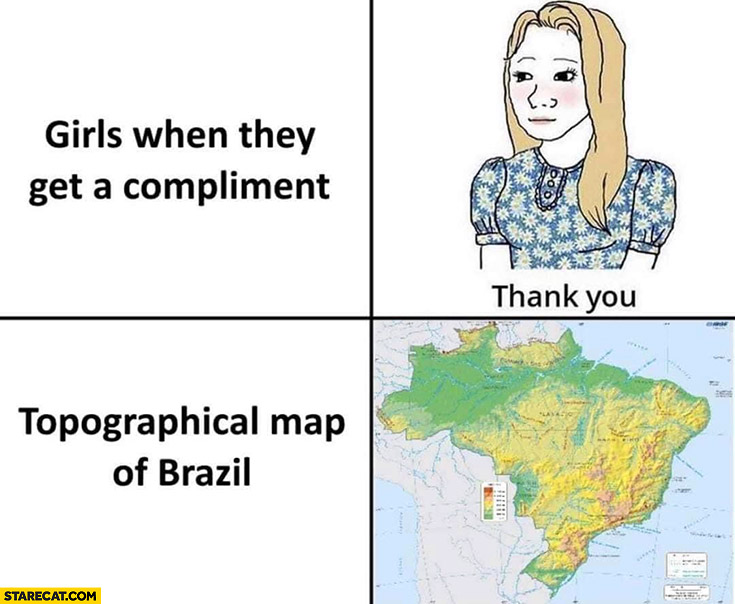 Girls when they get a compliment vs topographical map of Brazil