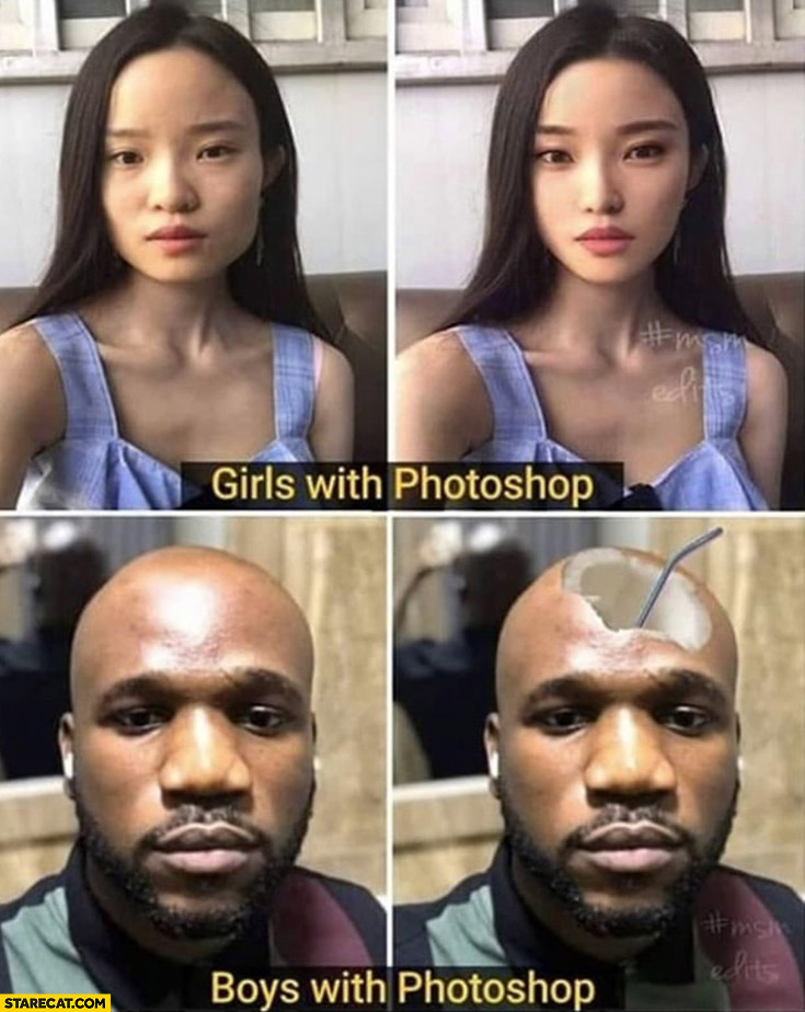 Girls with photoshop face correction vs boys with photoshop head coconut drink