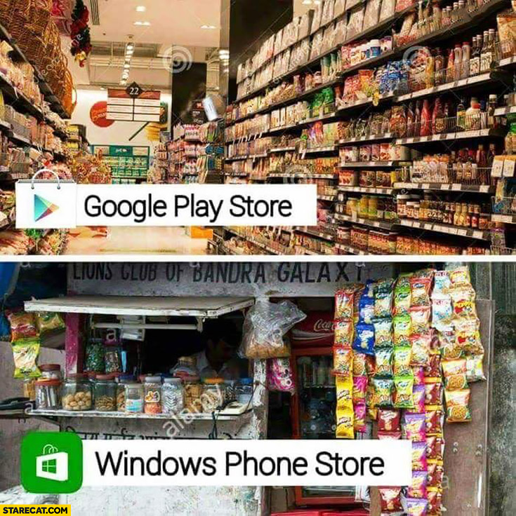 Google Play store full of products compared to Windows Phone Store poor shop