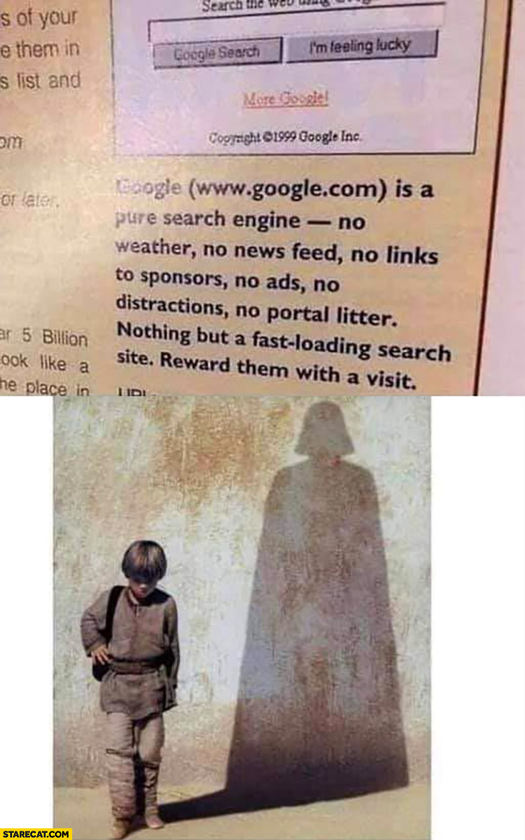 Google years ago no links, no ads Anakin Skywalker Darth Vader silhouette