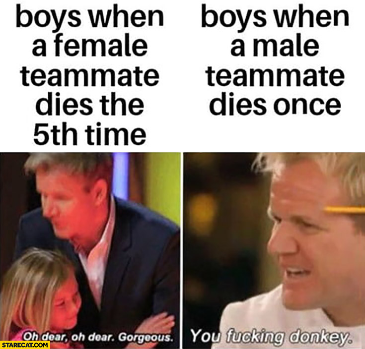 Gordon Ramsay boys when a female teammate dies the 5th time: oh dear gorgeous, boys when a male teammate dies once: you fcking donkey