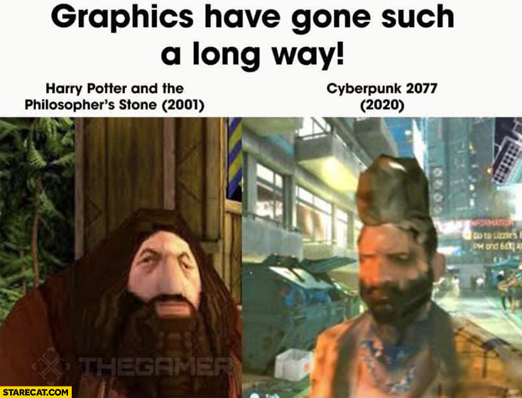 Graphics have gone such a loong way Harry Potter Hagrid vs Cyberpunk comparison