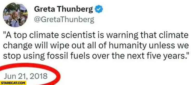 Greta Thunberg 5 years ago quote: climate change will wipe out all of humanity unless we stop using fossil fuels over the next 5 years