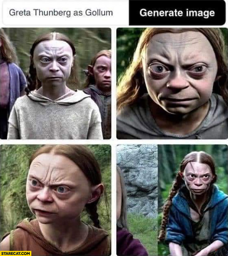 Greta Thunberg as Gollum images generated by AI artificial intelligence