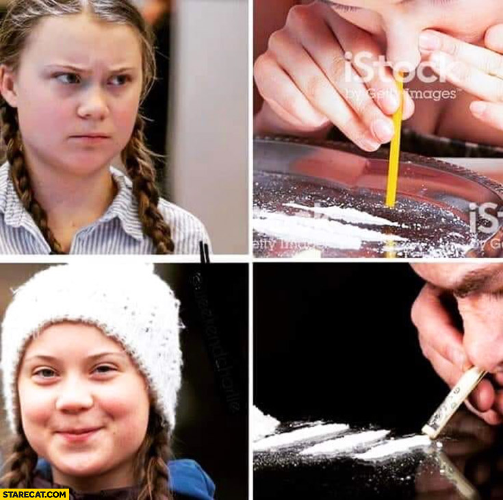 Greta Thunberg only sniffing cocaine through paper banknotes not plastic pipe