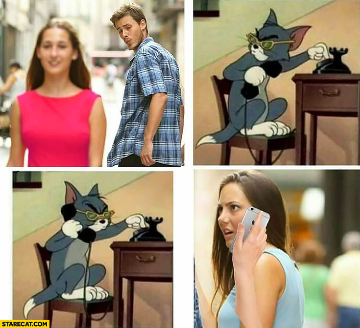Guy looking at some other girl Tom and Jerry cat calling to tell girlfriend meme